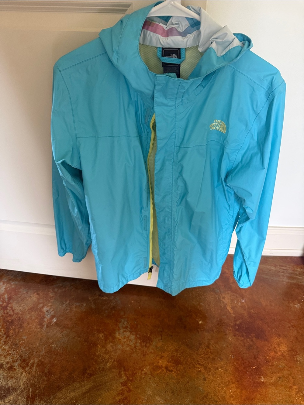The North Face Turquoise Waterproof Hooded Shell with Yellow Trim
